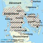 Karte mit „Südjütland“, „Fünen“, Städten wie „Odense“, „Flensburg“. Rot schraffierte Regionen, blaue Küstenlinien.