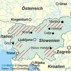 Karte zeigt Slowenien mit Städten wie Ljubljana, Maribor und Zagreb. Österreich, Italien und Kroatien als Nachbarn.