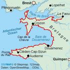 Text: Brest, Atlantischer Ozean, Bretagne, Cap de la Chèvre. Karte der Region Bretagne mit Orten und Küstenlinien.