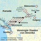 Vancouver, Seattle, Calgary, Edmonton; rote Linien zwischen Vancouver und Calgary, Vancouver Island im Südwesten.