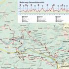 "Malerweg Gesamtübersicht" zeigt eine detaillierte Wanderroute in Deutschland und Tschechien mit Höhenprofil und Ortsnamen.