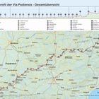 Höhenprofil der Via Podiensis - Gesamtübersicht. Eine Route verläuft durch Südfrankreich auf einer detaillierten Landkarte.