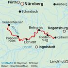 Karte zeigt Route entlang der Altmühl, von Gunzenhausen über Pappenheim, Eichstätt, Beilngries bis Regensburg.