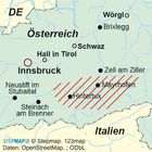 In der Mitte steht "Österreich" nahe Innsbruck. Unten ist "Italien". Andere Orte: Mayrhofen, Hintertux, Zell am Ziller.