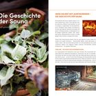 "Die Geschichte der Sauna. Heiß geliebt seit Jahrtausenden." Zweites Bild: Blätterbündel in einem Eimer. Drittes Bild: Saunahütte.