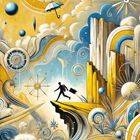 "O-Der Narr" steht unten. Bunte, surreale Illustration: Mensch am Abgrund, Wolken, geometrische Formen und Kompassrosen.