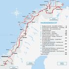 Tourenübersicht von 1 bis 12 mit Titeln und Seitenzahlen. Karte von Norwegen mit roten Routen, Städten und einer Kompassrose.
