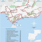 TOURENÜBERSICHT: 1. Auf dem Weg nach Córdoba, 2. Entlang des Guadalquivir nach Sevilla, 3. Von der Sierra Aracena zum Atlantik, 4. Costa de la Luz Norte, 5. Andalusiens Sherrydreieck, 6. Südliche Costa de la Luz und Gibraltar, 7. Los Alcornocales über Ronda nach Mijas, 8. Sierra Grazalema bis Antequera, 9. Costa del Sol, 10. Costa Tropical, 11. Costa Almeria, 12. Wüste, Wind und Wohnhöhlen, 13. Alpujarras, Granada und Sierra Nevada, 14. Andalusiens Olivenhainen. Eine Karte zeigt Andalusien mit Städten und roten Reiserouten. Ein Kompass weist Nord, Ost, Süd, West. Ein kleiner Überblick zeigt Spanien und die Region.