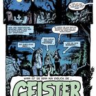 Ein Friedhof bei Vollmond, Gräber, drei Figuren: Grabstein, Fischjunge, Hexe. Text: "GEISTERSTUNDE". Gruselige Atmosphäre.