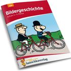 "Bildergeschichte, Aufsatz 4.-5. Klasse." Zwei Comicfiguren auf Fahrrädern, farbenfrohe Illustration.
