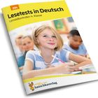 "Lesetests in Deutsch, Lernzielkontrollen 4. Klasse" steht auf einem Heftcover mit einem fröhlichen, schreibenden Kind.