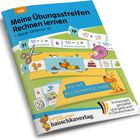 "Meine Übungsstreifen Rechnen lernen. 1. Klasse: Zahlen bis 10." Illustration mit Lernkarten, Hund und Schulutensilien.