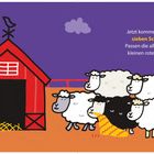 Text: "Jetzt kommen noch sieben Schafe: Passen die alle in den kleinen roten Stall?" Illustration von Schafen vor einem roten Stall.
