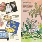 Links oben steht: "Als meine Eltern heirateten, war Agathe ungefähr zehn Jahre alt." Daneben ein Hochzeitsfoto und Rosen. Rechts unten eine Illustration mit Pflanzen und einem Kind.