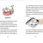 Links: "Kapitel 5", Tee-Set Illustration. Rechts: Illustration von zwei Tieren, eins schreit das andere an.