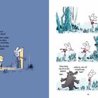 Links steht ein Text über eine Mutter und ihre Tochter. Rechts eine Comic-Szene mit einem Hasen, Wolf und Wald.