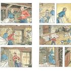 Eine Illustration zeigt eine Familie in einer Hütte. Kinder spielen und eine Frau hält ein weinendes Kind. Ein Hund versteckt sich.