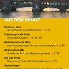 Logo über der Oberbaumbrücke. Sonnenuntergang, gelber Zug darauf. Texte: Berlin von oben, Museen, historische Mitte.