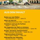 Inhaltsverzeichnis mit Themen über Südtirol. Im Hintergrund ein Platz mit Statue und bunten Gebäuden.