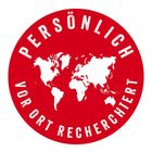 Text: "PERSÖNLICH VOR ORT RECHERCHIERT". Roter Kreis mit weißer Weltkarte. Logo-Design.