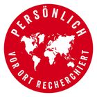 "Persönlich vor Ort recherchiert" umrandet einen weißen Weltkartenumriss auf rotem Hintergrund.