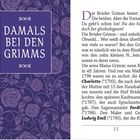 "Damals bei den Grimms." Stilvoller lila Hintergrund mit Blumenmuster und einem ausführlichen Text über die Brüder Grimm.