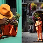 Links Hände mit goldenen Ringen, rechts Person im orangefarbenen Anzug vor blühendem Eingang.