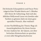 Text oben: "FRAGE 1".  
Beschreibung: Frage zur britischen Schauspielerin Kate Winslet und ihrem besonderen Wunsch zum 40. Geburtstag mit drei Optionen.