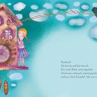 Kuckuck! Da bist du und hier bin ich. Illustration eines Hauses mit Uhr, Kindern und einem Kuckuck, Wolken im Hintergrund.