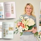 Tipp: Rose aufgeblüht. Frau mit Blumenstrauß. Anleitungsbilder zur Blumenarrangement-Erstellung.