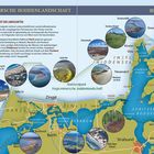 Verworrene Schriftzüge und farbige Karte der Region "Vorpommersche Boddenlandschaft" mit verschiedenen Landschaftsfotos.