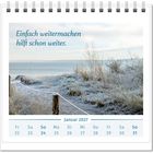 Text: „Einfach weitermachen hilft schon weiter.“ Kalender: Januar 2027. Winterlicher Strandweg mit Frost.