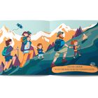 Erster Stein: Gemeinsam. Das liebste Hobby machen und dabei neue Freundschaften schließen. Illustration von wandernden Personen.