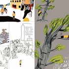 Illustration mit einer Frau im Baum, Kinder spielen, Haus mit Uhr. Die Farbtöne sind lebendig und die Szenen wirken verträumt.