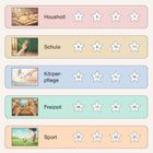 Kategorien: Haushalt, Schule, Körperpflege, Freizeit, Sport. Jeweils nummerierte Sterne und passende Illustrationen.
