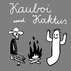 "Kauboi und Kaktus." Ein Skelett mit Hut sitzt am Feuer, daneben ein Kaktus mit erhobenen Armen.