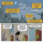 Text: Der Kult arbeitet an der Rückkehr des Meisters. Illustration zeigt Burg, Wald, zwei Figuren, eine Zeichnung wird betrachtet.