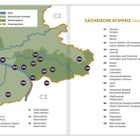 „Sächsische Schweiz, Saxon Switzerland“ steht in der Mitte. Eine Karte zeigt markierte Orte und Grenzen. Ein Fluss verläuft.