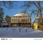Januar 2027 Kalender mit Schloss Eicherhof in Leichlingen, verschneite Landschaft und blauem Himmel.