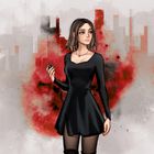 Eine Frau in Schwarz vor rot-grauer Stadtsilhouette, hält ein Handy. Illustration in modernem Stil.