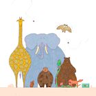 Illustration einer Tiergruppe: Giraffe, Elefant, Eule, Bär, Schlange, Fuchs, Eichhörnchen und ein Aquarium mit Fisch.