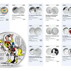 Gedenkmünzen Belgien, 5 Euro, diverse Motive und Jahre. Illustration von Lucky Luke auf Münze mit Kaktus im Hintergrund.