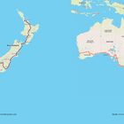 Neuseeland: Routen von Auckland nach Queenstown. Australien: Routen von Brisbane nach Perth. Zwei Karten mit Reiserouten.