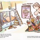 Ein Mann hält ein Buch: "Dr. Quack-Salber: Mit Gummibärchen durchs Jahr". Kinder liegen im Etagenbett. Viel Süßes.