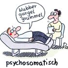 „Blubber gurgel grummel“, darunter „psychosomatisch“. Eine Illustration zeigt eine Person auf einer Couch bei einer Therapeutin.