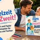 Spielzeit zu Zweit! Stift und Papier Minispiele für Papa und Tochter. Vater lacht mit Tochter im Freien.