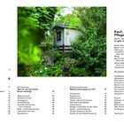 Links zeigt eine Inhaltsübersicht mit Themen wie "Welcher Baum für mich?" und "Kauf, Pflanzung, Pflege". Rechts sieht man ein Gartenhaus umgeben von üppigem Grün.