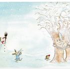 Zwei lachende Bäume umarmen sich im Schnee; ein Schneemann, Hase und Vogel betrachten dies. Verspielte Winterlandschaft.