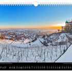 Januar; Winterstimmung am Spitalhaus mit Blick auf Radebeul. Verschneite Landschaft, Weinberge, sanfter Sonnenuntergang.