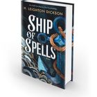 Buchtitel "Ship of Spells" von H. Leighton Dickson. Illustration: Anker mit Seil und stilisierten Wellen in Blau und Gold.